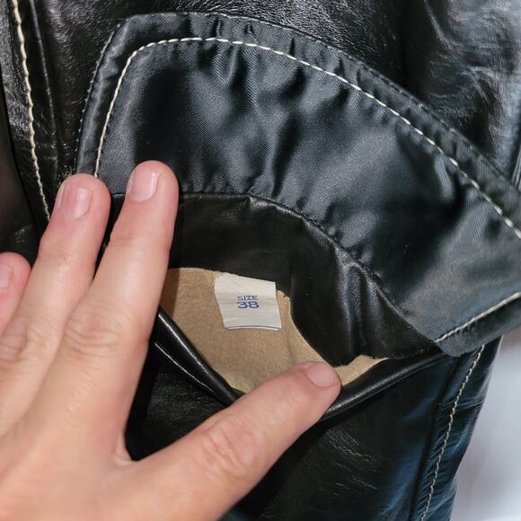 Juilliard Leather Vintage 1970 Lg. Lapel black white stitching Sz 38 Coat Jacket - Picture 5 of 10